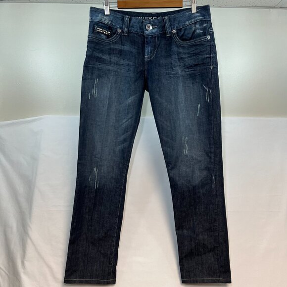 Guess Jeans Women Size 32 Daredevil Skinny Leg Dark Blue Wash Embellished - Picture 4 of 16